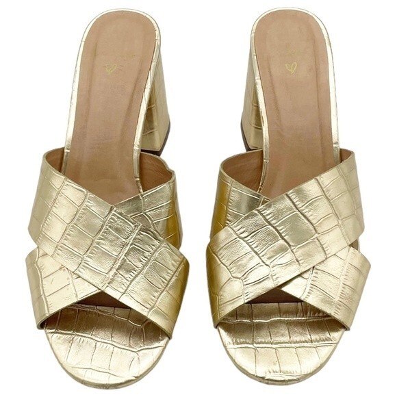 Lulus Ybarra Metallic Gold Croc-Embossed Block Heel Leather Sandals Size 7.5 - Picture 5 of 16